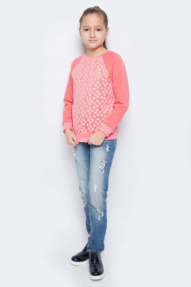 Свитшот для девочки M&D, цвет: коралловый. WJK26052S-4. Размер 158WJK26052S-4/WJK26052M-4 Свитшот для девочки M&D, цвет: коралловый. WJK26052S-4. Размер 158WJK26052S-4/WJK26052M-4Стильный свитшот для девочки выполнен из хлопка и полиэстера. Модель с круглым вырезом горловины и длинными рукавами-реглан. Манжеты рукавов, низ изделия и горловина дополнены трикотажными резинками. Спереди модель оформлена вставкой из прозрачного материала с объемными цветочными вышивками.