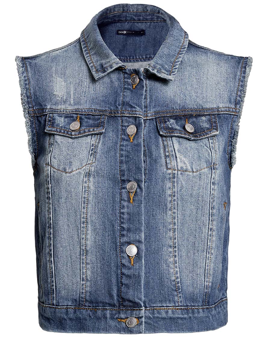 Жилет женский oodji Denim, цвет: голубой. 12409020/22301/7500W. Размер 36 (42-170)12409020/22301/7500W Жилет женский oodji Denim, цвет: голубой. 12409020/22301/7500W. Размер 36 (42-170)12409020/22301/7500WЖенский жилет oodji Denim выполнен из натурального хлопка. Модель с отложным воротником застегивается на пуговицы по всей длине. Низ изделия дополнен небольшими хлястиками на пуговицах. Спереди расположено два прорезных кармана и два втачных кармана с клапанами на пуговицах. Проймы дополнены эффектом необработанного края. Жилет оформлен потертостями и контрастной отстрочкой.