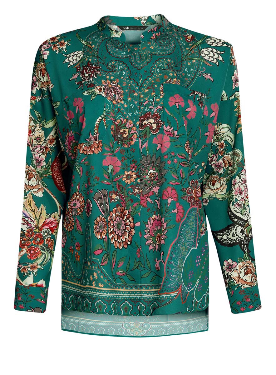 Блузка женcкая oodji Collection, цвет: изумрудный, мультиколор. 21411109/46038/6D19F. Размер 36 (42-170)21411109/46038/6D19F Блузка женcкая oodji Collection, цвет: изумрудный, мультиколор. 21411109/46038/6D19F. Размер 36 (42-170)21411109/46038/6D19FБлузка с цветочным принтом oodji Collection полностью выполнена из полиэстера. Модель свободного кроя с воротником-стойкой и длинными рукавами застегивается на пуговицы по всей длине. Рукава, дополненные манжетами с пуговицами, подворачиваются и фиксируются с помощью пуговицы. Передняя часть декорирована двумя накладными карманами. Спинка изделия удлинена.