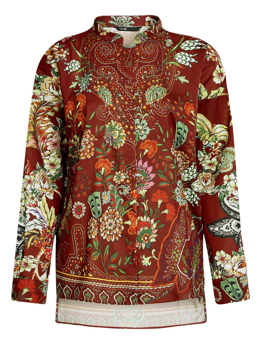 Блузка женская oodji Collection, цвет: терракотовый, мультиколор. 21411109/46038/3119F. Размер 44 (50-170)21411109/46038/3119F Блузка женская oodji Collection, цвет: терракотовый, мультиколор. 21411109/46038/3119F. Размер 44 (50-170)21411109/46038/3119FБлузка с цветочным принтом oodji Collection полностью выполнена из полиэстера. Модель свободного кроя с воротником-стойкой и длинными рукавами застегивается на пуговицы по всей длине. Рукава, дополненные манжетами с пуговицами, подворачиваются и фиксируются с помощью пуговицы. Передняя часть декорирована двумя накладными карманами. Спинка изделия удлинена.