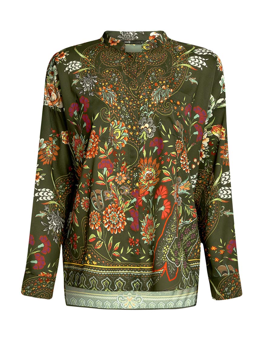 Блузка женская oodji Collection, цвет: темный хаки, мультиколор. 21411109/46038/6819F. Размер 36 (42-170)21411109/46038/6819F Блузка женская oodji Collection, цвет: темный хаки, мультиколор. 21411109/46038/6819F. Размер 36 (42-170)21411109/46038/6819FБлузка с цветочным принтом oodji Collection полностью выполнена из полиэстера. Модель свободного кроя с воротником-стойкой и длинными рукавами застегивается на пуговицы по всей длине. Рукава, дополненные манжетами с пуговицами, подворачиваются и фиксируются с помощью пуговицы. Передняя часть декорирована двумя накладными карманами. Спинка изделия удлинена.