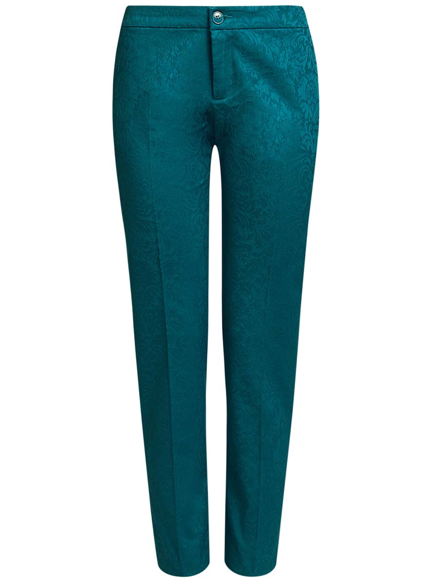 Брюки женские oodji Collection, цвет: бирюзовый. 21706026/46074/6C00J. Размер 40 (46-170)21706026/46074/6C00J Брюки женские oodji Collection, цвет: бирюзовый. 21706026/46074/6C00J. Размер 40 (46-170)21706026/46074/6C00JЖенские брюки oodji Collection прямого кроя и стандартной посадки изготовлены из эластичного хлопка. Брюки застегиваются на ширинку на застежке-молнии и пуговицу на поясе. Изделие оснащено двумя втачными карманами спереди и одним втачным карманом сзади. Брюки оформлены оригинальным цветочным орнаментом в тон изделию.