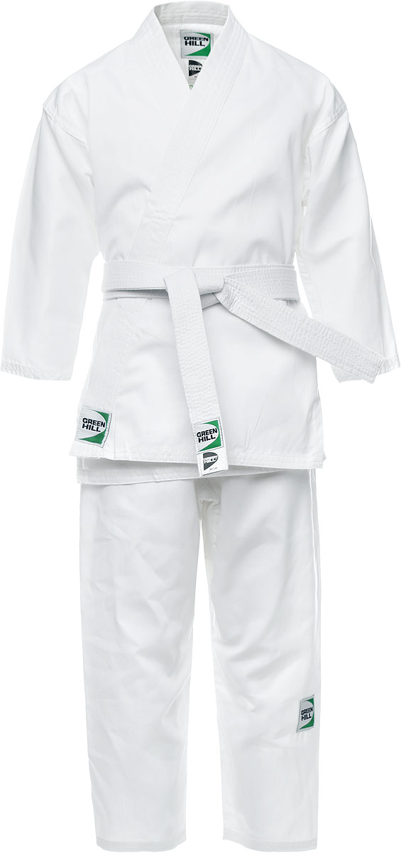 Кимоно детское для карате Green Hill Adult, цвет: белый. KSA-10347. Размер 1/140KSA-10347 Кимоно детское для карате Green Hill Adult, цвет: белый. KSA-10347. Размер 1/140KSA-10347Детское кимоно для карате Green Hill Adult состоит из рубашки и брюк. Просторная рубашка с запахом, боковыми разрезами и длинными рукавами-кимоно изготовлена из плотного хлопка. Боковые швы, края рукавов и полочек, низ рубашки укреплены дополнительными строчками и крепкой лентой с внутренней стороны. Рубашка завязывается на специальные завязки. Просторные брюки особого покроя имеют широкую эластичную резинку на талии со скрытым шнурком, обеспечивающую комфортную посадку.Изделия оформлены нашивками с логотипом бренда. Кимоно рекомендуется для тренировок в зале.