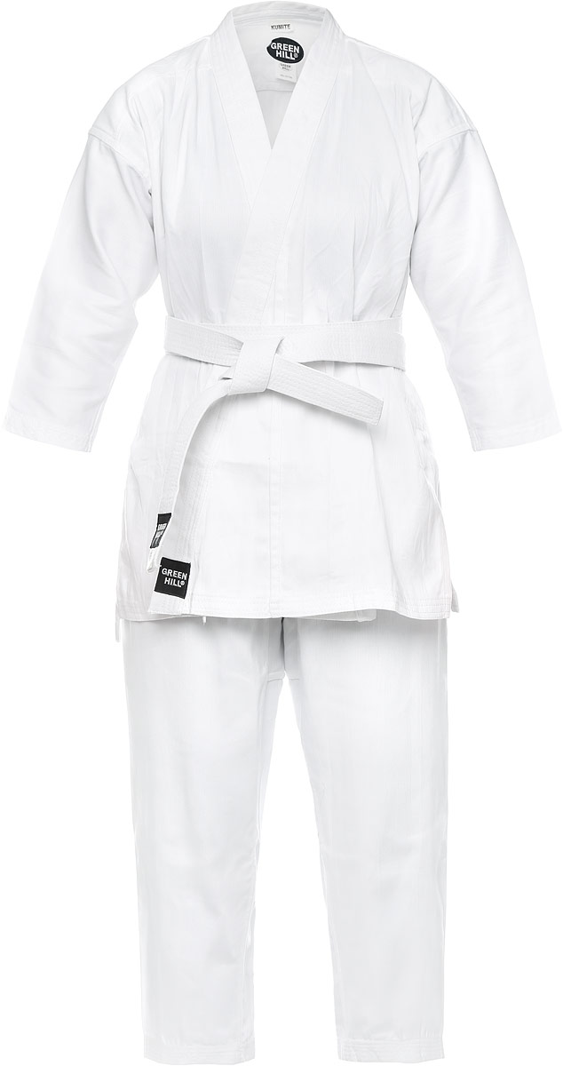 Кимоно для карате Green Hill Kumite, цвет: белый. KSM-3002014. Размер 2/150KSM-3002014 Кимоно для карате Green Hill Kumite, цвет: белый. KSM-3002014. Размер 2/150KSM-3002014Кимоно для карате Green Hill Kumite состоит из рубашки, брюк и пояса. Просторная рубашка с глубоким запахом, с боковыми разрезами и рукавом три четверти завязывается специальными завязками. Боковые швы и края полочек укреплены дополнительными строчками. Просторные брюки особого покроя на широком поясе и шнурком для фиксации брюк на талии. Длинный плотный пояс укреплен многорядной прострочкой. Комплект изготовлен из натурального хлопка, плотностью 230 г/м2.