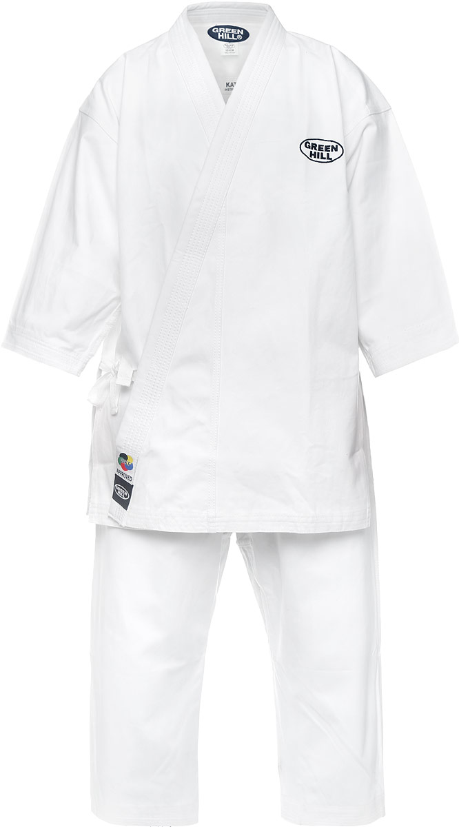 Кимоно для карате Green Hill Kata, цвет: белый. KSO-10024WKF. Размер 4,5/175KSO-10024WKF Кимоно для карате Green Hill Kata, цвет: белый. KSO-10024WKF. Размер 4,5/175KSO-10024WKFКимоно для карате Green Hill Kata состоит из рубашки и брюк. Просторная рубашка с глубоким запахом, с боковыми разрезами и рукавами три четверти завязывается специальными завязками. Боковые швы и края полочек укреплены дополнительными строчками. Просторные брюки особого покроя на широком поясе и шнурком для фиксации брюк на талии. Комплект изготовлен из натурального хлопка, плотностью 400 г/м2. Кимоно рекомендуется для тренировок в зале.