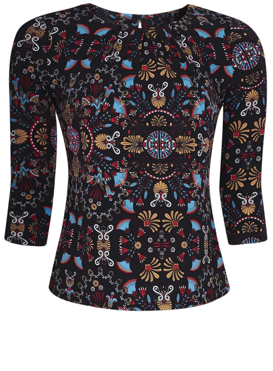 Блузка женская oodji Collection, цвет: черный, оранжевый. 24201012/26256/2955E. Размер XL (50)24201012/26256/2955E Блузка женская oodji Collection, цвет: черный, оранжевый. 24201012/26256/2955E. Размер XL (50)24201012/26256/2955EЖенская блузка oodji Collection исполнена из облегающей ткани. Блузка имеет рукава 3/4, круглый вырез воротника, вырез-капельку на спинке. Застегивается сзади на пуговицу.
