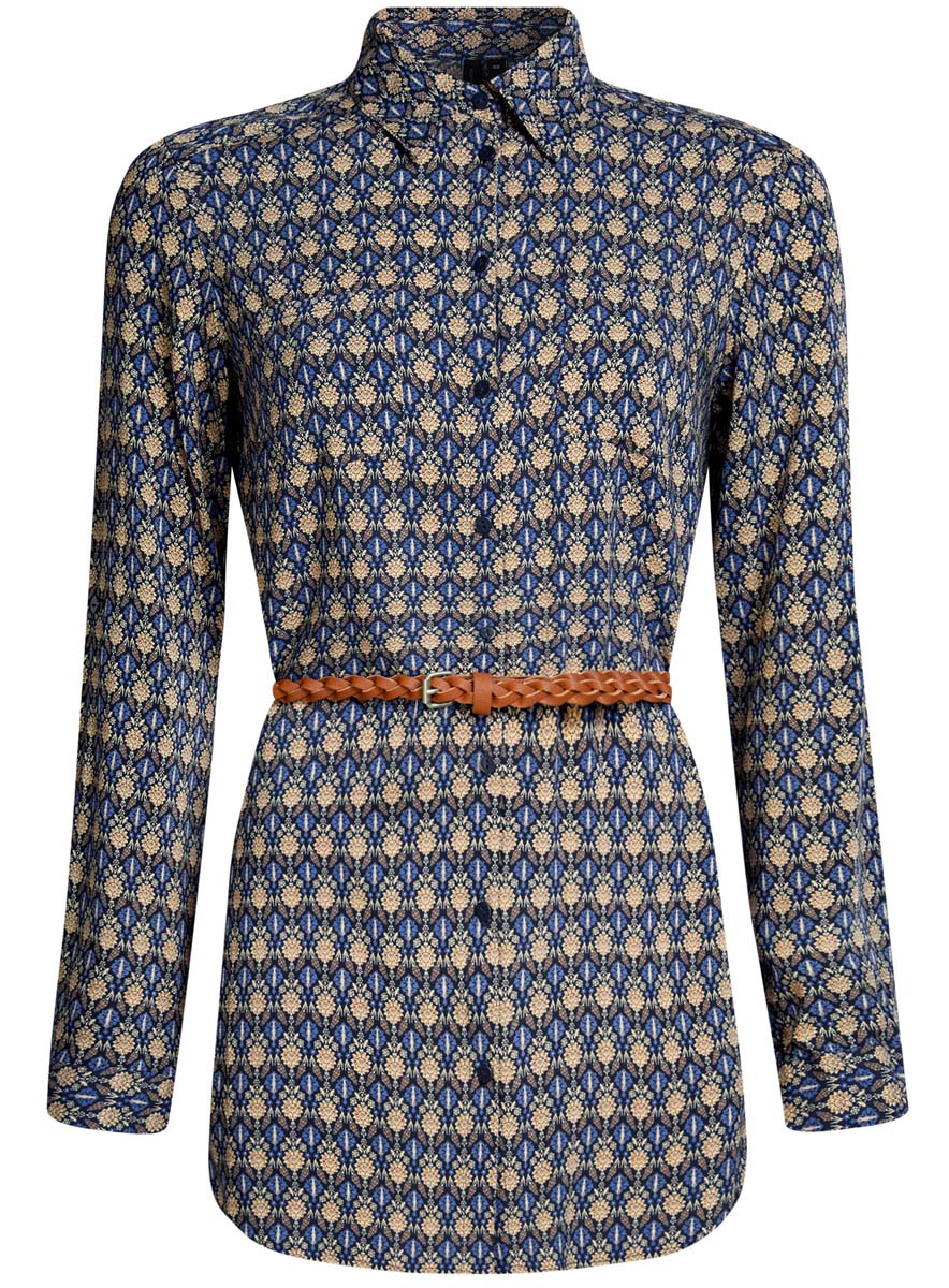 Блузка женская oodji Collection, цвет: темно-синий, бежевый. 21412057-4/24681/7933E. Размер 36 (42-170)21412057-4/24681/7933E Блузка женская oodji Collection, цвет: темно-синий, бежевый. 21412057-4/24681/7933E. Размер 36 (42-170)21412057-4/24681/7933EСтильная женская рубашка oodji Collection выполнена из качественной вискозы. Модель с отложным воротником и длинными рукавами застегивается на пуговицы по всей длине. Рубашка удлиненной модели дополнена стильным ремешком из искусственной кожи и двумя накладными карманами спереди. Манжеты рукавов оснащены застежками-пуговицами, а также их можно сделать покороче с помощью внутреннего хлястика на пуговице. Модель оформлена контрастным принтом с узорами. Рукава дополнены манжетами с кнопками.