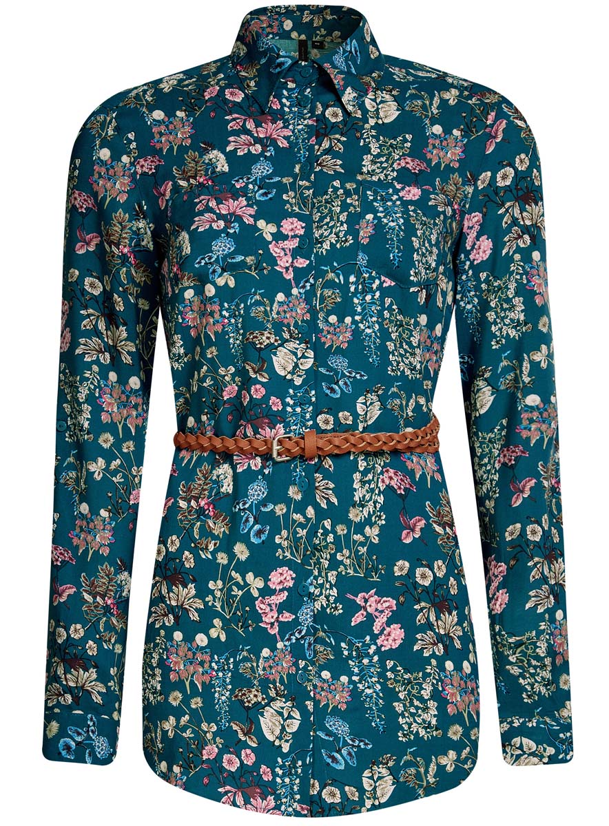 Блузка женская oodji Collection, цвет: изумрудный, розовый. 21412057-4/24681/6D4AF. Размер 42 (48-170)21412057-4/24681/6D4AF Блузка женская oodji Collection, цвет: изумрудный, розовый. 21412057-4/24681/6D4AF. Размер 42 (48-170)21412057-4/24681/6D4AFСтильная женская рубашка oodji Collection выполнена из качественной вискозы. Модель с отложным воротником и длинными рукавами застегивается на пуговицы по всей длине. Рубашка удлиненной модели дополнена стильным ремешком из искусственной кожи и двумя накладными карманами спереди. Манжеты рукавов оснащены застежками-пуговицами, а также их можно сделать покороче с помощью внутреннего хлястика на пуговице. Модель оформлена контрастным принтом с узорами. Рукава дополнены манжетами с кнопками.