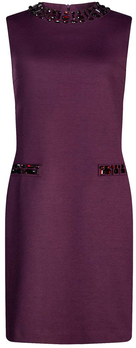 Платье oodji Collection, цвет: темно-фиолетовый. 24005134/38261/8800N. Размер XL (50)24005134/38261/8800N Платье oodji Collection, цвет: темно-фиолетовый. 24005134/38261/8800N. Размер XL (50)24005134/38261/8800NПлатье oodji Collection без рукавов имеет круглый воротник и ложные карманы инкрустированные крупными стразами. Изделие плотно садится по фигуре. Застегивается сзади на молнию.