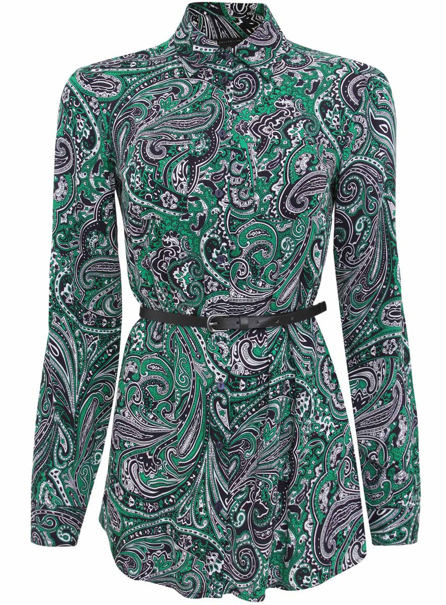 Блузка женская oodji Collection, цвет: темно-синий, зеленый. 21412057-4/24681/7962E. Размер 46 (52-170)21412057-4/24681/7962E Блузка женская oodji Collection, цвет: темно-синий, зеленый. 21412057-4/24681/7962E. Размер 46 (52-170)21412057-4/24681/7962EСтильная женская рубашка oodji Collection выполнена из качественной вискозы. Модель с отложным воротником и длинными рукавами застегивается на пуговицы по всей длине. Рубашка удлиненной модели дополнена стильным ремешком из искусственной кожи и двумя накладными карманами спереди. Манжеты рукавов оснащены застежками-пуговицами, а также их можно сделать покороче с помощью внутреннего хлястика на пуговице. Модель оформлена контрастным принтом с узорами. Рукава дополнены манжетами с кнопками.