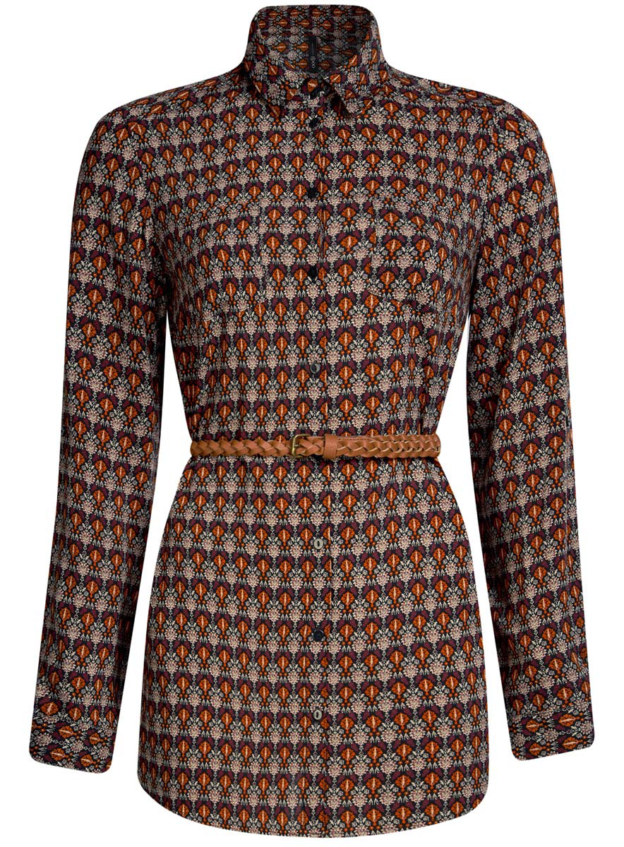 Блузка женская oodji Collection, цвет: оранжевый, бежевый. 21412057-4/24681/5533E. Размер 46 (52-170)21412057-4/24681/5533E Блузка женская oodji Collection, цвет: оранжевый, бежевый. 21412057-4/24681/5533E. Размер 46 (52-170)21412057-4/24681/5533EСтильная женская рубашка oodji Collection выполнена из качественной вискозы. Модель с отложным воротником и длинными рукавами застегивается на пуговицы по всей длине. Рубашка удлиненной модели дополнена стильным ремешком из искусственной кожи и двумя накладными карманами спереди. Манжеты рукавов оснащены застежками-пуговицами, а также их можно сделать покороче с помощью внутреннего хлястика на пуговице. Модель оформлена контрастным принтом с узорами. Рукава дополнены манжетами с кнопками.