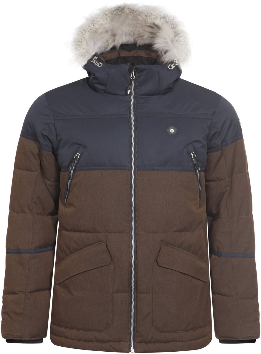 Куртка мужская Icepeak Carl, цвет: коричневый, темно-синий. 656225626IV. Размер L (52)656225626IV_150 Куртка мужская Icepeak Carl, цвет: коричневый, темно-синий. 656225626IV. Размер L (52)656225626IV_150Мужская куртка Icepeak Carl выполнена из водонепроницаемой и дышащей ткани - высококачественного полиэстера. Подкладочный материал Super Soft Touch легкий и обладает хорошей теплоемкостью. В качестве наполнителя используется FinnWad - 100% полиэстер. Модель с воротником-стойка и съемным капюшоном застегивается на застежку-молнию. Капюшон, оформленный искусственным мехом, пристегивается к куртке с помощью застежки-молнии, кнопок и липучек. Изделие оснащено двумя накладными карманами на застежках-молниях и с клапанами на липучках, на груди - двумя прорезными карманами на застежках-молниях, с внутренней стороны - прорезным карманом на застежке-молнии. Рукава дополнены внутренними текстильными манжетами и регулируются с помощью хлястиков с липучками. Объем капюшона регулируется при помощи эластичного шнурка и хлястика на липучке. Низ изделия также оснащен эластичным шнурком со стопперами. С внутренней стороны куртка имеет снегозащитный манжет на кнопках.