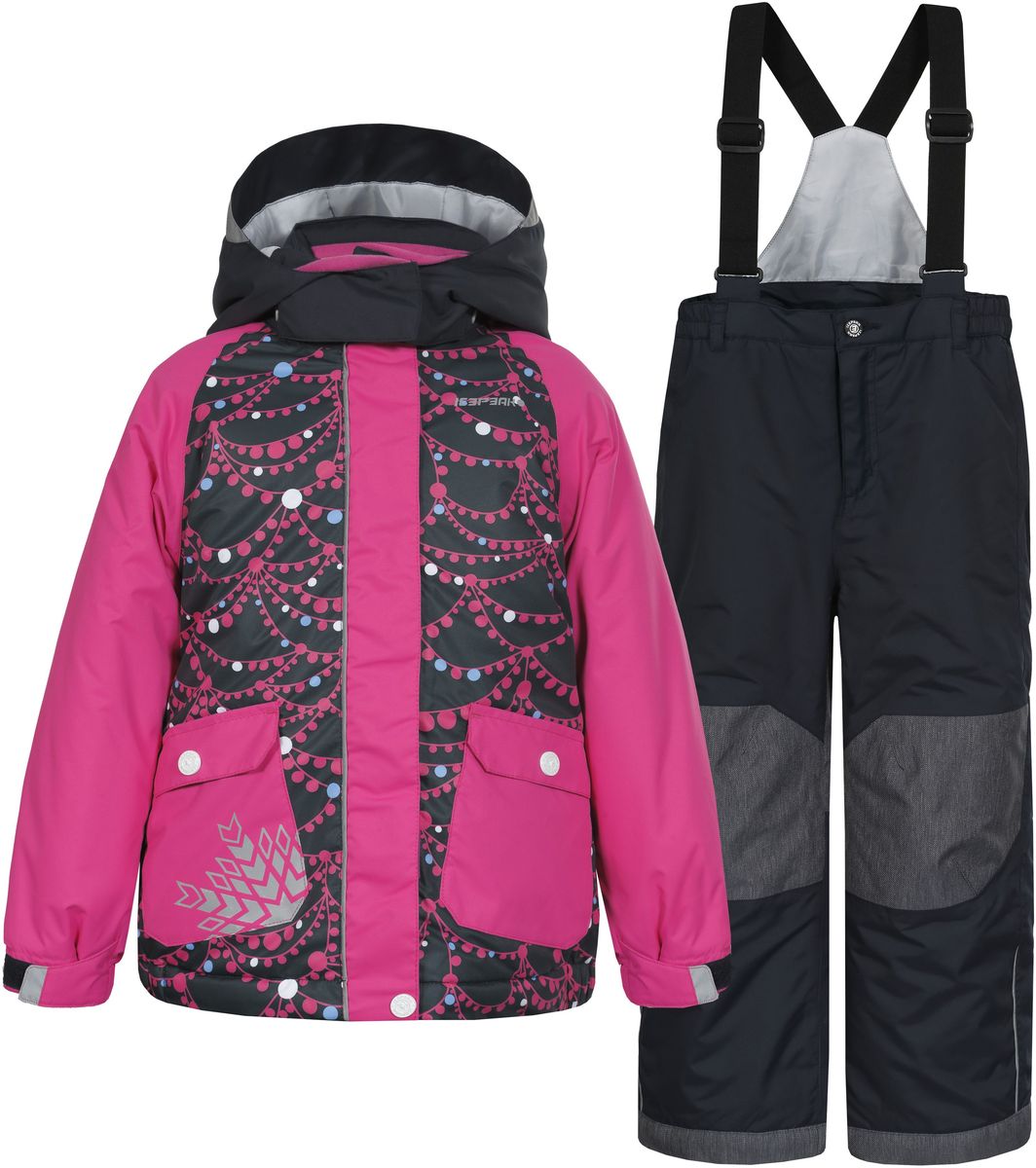 Комплект для девочки Icepeak Jody Kd: куртка, брюки, цвет: розовый, темно-синий. 652102502IV. Размер 110652102502IV_390 Комплект для девочки Icepeak Jody Kd: куртка, брюки, цвет: розовый, темно-синий. 652102502IV. Размер 110652102502IV_390Комплект для девочки Icepeak Jody Kd выполнен из 100% полиэстера и состоит из куртки и брюк. В качестве подкладки и утеплителя также используется 100% полиэстер. Ткань изготовлена с применением технологии ICEMAX, с водонепроницаемой и воздухопроницаемой мембраной 5000мм/2000 г/м2 /24 ч, которая защищает от ветра и влаги даже в экстремальных условиях. Брюки застегиваются на молнию и пуговицу. Подкладка брюк выполнена из гладкой ткани. Изделие дополнено эластичными наплечными лямками, регулируемыми по длине. На талии по бокам предусмотрена широкая эластичная резинка. Снизу брючин предусмотрены муфты с прорезиненными полосками, препятствующие попаданию снега в обувь и не дающие брючинам задираться вверх. Куртка со съемным капюшоном и воротником-стойкой застегивается на пластиковую застежку-молнию с защитой для подбородка и дополнительно имеет ветрозащитную планку на липучках и кнопках. Капюшон пристегивается при помощи кнопок. Манжеты рукавов дополнены эластичными резинками и регулируются по ширине за счет хлястиков с липучками. Спереди модель дополнена двумя накладными карманами на застежках-кнопках. Комплект оснащен светоотражающими элементами.