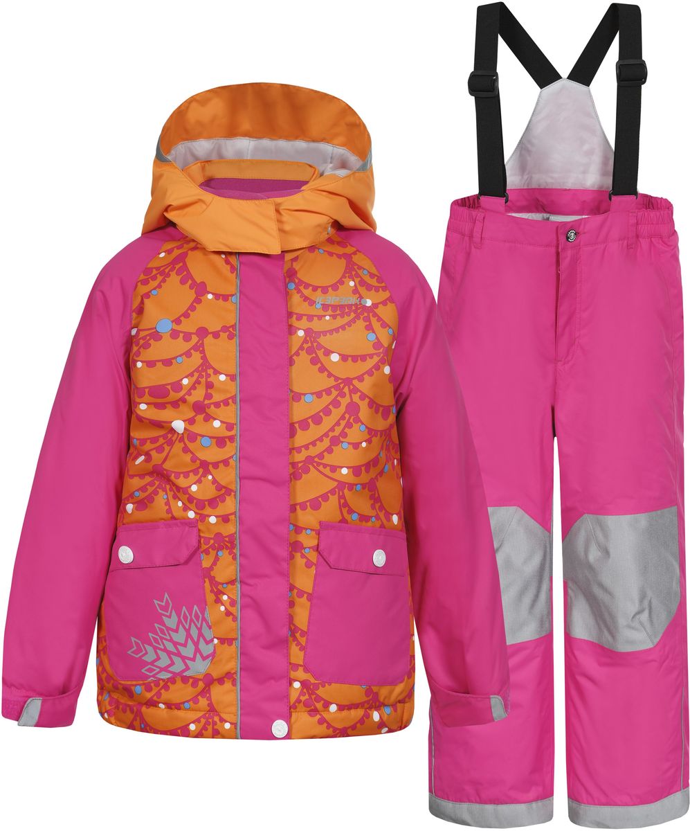 Комплект для девочки Icepeak Jody Kd: куртка, брюки, цвет: оранжевый, розовый. 652102502IV. Размер 98652102502IV_465 Комплект для девочки Icepeak Jody Kd: куртка, брюки, цвет: оранжевый, розовый. 652102502IV. Размер 98652102502IV_465Комплект для девочки Icepeak Jody Kd выполнен из 100% полиэстера и состоит из куртки и брюк. В качестве подкладки и утеплителя также используется 100% полиэстер. Ткань изготовлена с применением технологии ICEMAX, с водонепроницаемой и воздухопроницаемой мембраной 5000мм/2000 г/м2 /24 ч, которая защищает от ветра и влаги даже в экстремальных условиях. Брюки застегиваются на молнию и пуговицу. Подкладка брюк выполнена из гладкой ткани. Изделие дополнено эластичными наплечными лямками, регулируемыми по длине. На талии по бокам предусмотрена широкая эластичная резинка. Снизу брючин предусмотрены муфты с прорезиненными полосками, препятствующие попаданию снега в обувь и не дающие брючинам задираться вверх. Куртка со съемным капюшоном и воротником-стойкой застегивается на пластиковую застежку-молнию с защитой для подбородка и дополнительно имеет ветрозащитную планку на липучках и кнопках. Капюшон пристегивается при помощи кнопок. Манжеты рукавов дополнены эластичными резинками и регулируются по ширине за счет хлястиков с липучками. Спереди модель дополнена двумя накладными карманами на застежках-кнопках. Комплект оснащен светоотражающими элементами.