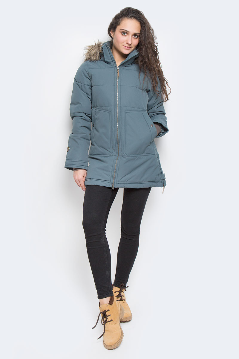 Куртка женская Icepeak Teresa, цвет: темно-зеленый. 653054532IV. Размер 34 (40)653054532IV_569 Куртка женская Icepeak Teresa, цвет: темно-зеленый. 653054532IV. Размер 34 (40)653054532IV_569Женская куртка Icepeak Teresa выполнена из 100% полиэстера. Материал изготовлен при помощи технологии Icemax, которая обеспечит вам надежную защиту от ветра и влаги. В качестве подкладки также используется полиэстер. Утеплителем служит материал FinnWad, который обладает высокими теплоизоляционными свойствами. Модель с воротником-стойкой и съемным капюшоном застегивается на застежку-молнию с двумя бегунками и имеет внутреннюю ветрозащитную планку. Капюшон, оформленный искусственным мехом, пристегивается к изделию за счет застежку-молнии и кнопок. Кроай капюшона дополнен шнурком-кулиской. Низ рукавов дополнен внутренними эластичными манжетами. Объем по талии регулируется за счет скрытого шнурка-кулиски. В боковых швах расположены застежки-молнии. Спереди расположено два накладных кармана на кнопках, а с внутренней стороны - накладной карман-сетка и прорезной карман на застежке-молнии. На рукавах расположены фирменные нашивки.