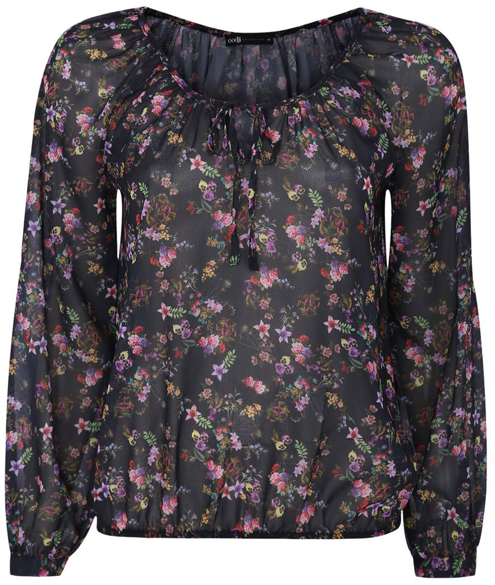 Блузка женская oodji Collection, цвет: черный, мультиколор. 21418013-2M/17358/2919F. Размер 40-170 (46-170)21418013-2M/17358/2919F Блузка женская oodji Collection, цвет: черный, мультиколор. 21418013-2M/17358/2919F. Размер 40-170 (46-170)21418013-2M/17358/2919FБлузка женская oodji Collection выполнена из полиэстера и оформлена цветочным принтом. Модель с длинными рукавами реглан. Манжеты застегиваются на пуговицы. Ворот дополнен небольшим вырезом и завязками. Низ оформлен кулиской с эластичной резинкой.