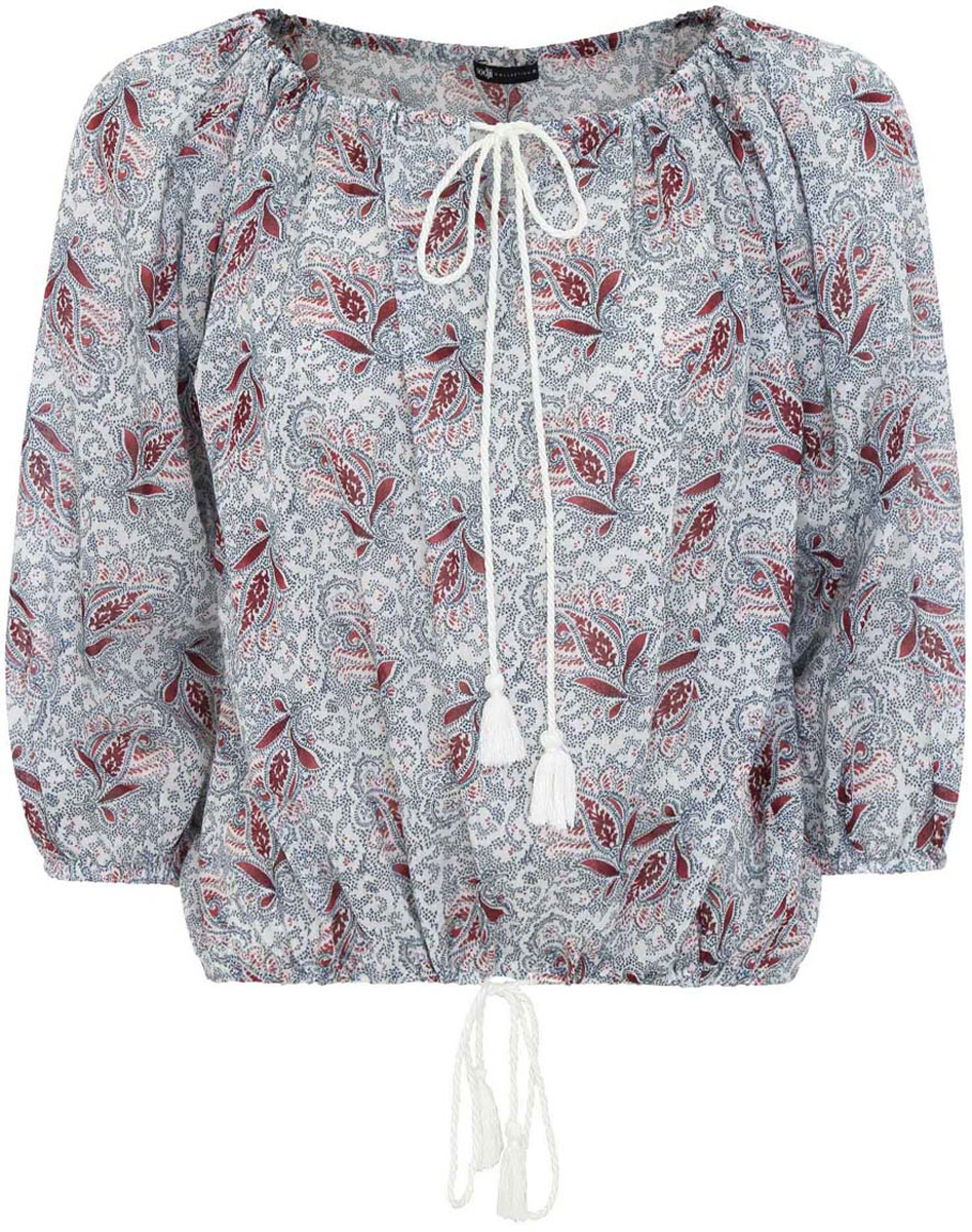 Блузка женская oodji Collection, цвет: белый, синий. 21424003/13504/126EE. Размер 38-170 (44-170)21424003/13504/126EE Блузка женская oodji Collection, цвет: белый, синий. 21424003/13504/126EE. Размер 38-170 (44-170)21424003/13504/126EEЖенская блузка oodji Collection выполнена полностью из хлопка. Принтованная модель с круглым вырезом горловины и рукавами 3/4. Воротник и низ блузки дополнены кулиской со шнурком, края рукавов - кулиской с резинкой.