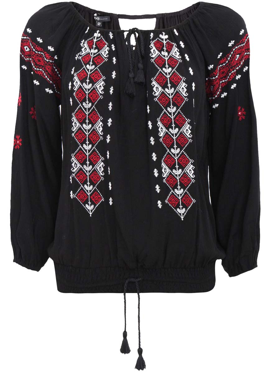 Блузка женская oodji Collection, цвет: черный, красный. 21424002-1/45190/2900N. Размер 38-170 (44-170)21424002-1/45190/2900N Блузка женская oodji Collection, цвет: черный, красный. 21424002-1/45190/2900N. Размер 38-170 (44-170)21424002-1/45190/2900NСтильная блузка oodji Collection выполнена из легкого струящегося материала (100% вискозы). Модель свободного кроя декорирована оригинальной вышивкой. Горловина и низ блузки на резинке дополнены шнурками с кисточками. Рукава снабжены резинкой. Спинка и перед модели имеют V-образный вырез.