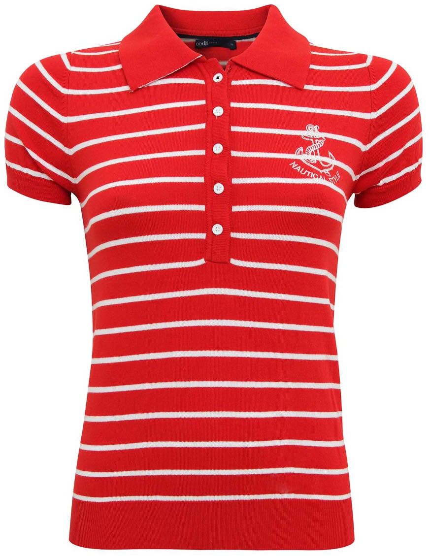 Поло женское oodji Collection, цвет: красный, белый. 73812540/35049/4510S. Размер 42 (48)73812540/35049/4510S Поло женское oodji Collection, цвет: красный, белый. 73812540/35049/4510S. Размер 42 (48)73812540/35049/4510SПоло oodji Collection, выполненное из хлопка и полиамида, оформлено принтом в полоску и декоративной вышивкой. Модель с отложным воротником и короткими рукавами застегивается на пуговицы. Рукава и низ дополнены эластичными трикотажными резинками.