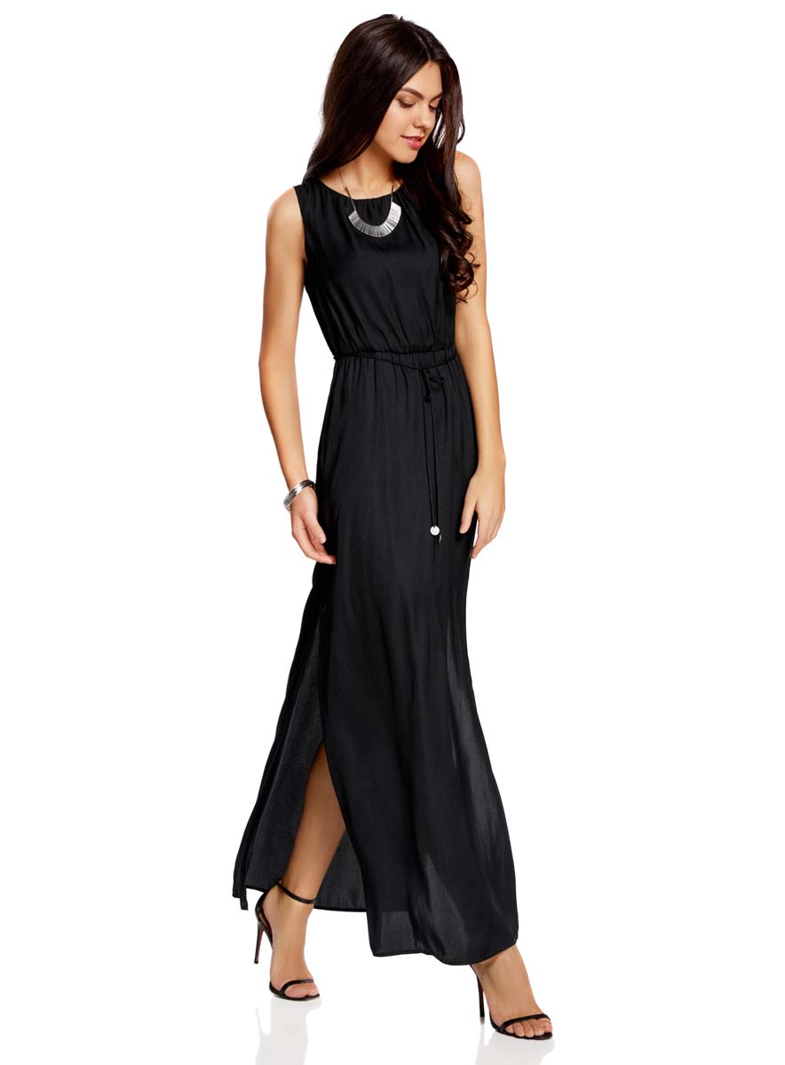 Платье oodji Collection, цвет: черный. 21900323/42873/2900N. Размер 36-170 (42-170)21900323/42873/2900N Платье oodji Collection, цвет: черный. 21900323/42873/2900N. Размер 36-170 (42-170)21900323/42873/2900NСтильное платье oodji Collection полностью выполнено из полиэстера. Модель с круглым вырезом горловины, застегивающимся сзади на пуговицу и без рукавов. На поясе имеются затягивающиеся шнурки. По бокам изделия расположены карманы.