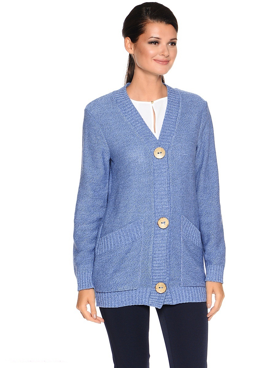 Кардиган женский Milana Style, цвет: синий. w174. Размер XL (50)w174 Кардиган женский Milana Style, цвет: синий. w174. Размер XL (50)w174Стильный женский кардиган Milana Style, выполненный из ПАН-волокна с добавлением шерсти, он мягкий и приятный на ощупь, не сковывает движений и хорошо сохраняет тепло. Кардиган с V-образным вырезом горловины и длинными рукавами застегивается на три большие пуговицы. Изделие оформлено оригинальным вязаным узором. Спереди модель дополнена двумя накладными карманами. Горловина, манжеты рукавов, края карманов и низ изделия связаны резинкой.