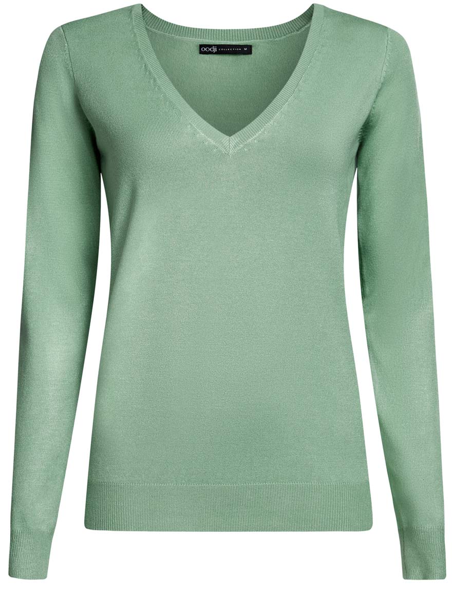 Джемпер женский oodji Collection, цвет: ментоловый. 73812290-3B/24525/6500N. Размер XS (42)73812290-3B/24525/6500N Джемпер женский oodji Collection, цвет: ментоловый. 73812290-3B/24525/6500N. Размер XS (42)73812290-3B/24525/6500NЖенский джемпер oodji Collection выполнен из вискозы с добавлением полиамида. Модель с длинными стандартными рукавами и V-образным вырезом горловины. Манжеты, горловина и низ оформлены трикотажной резинкой.