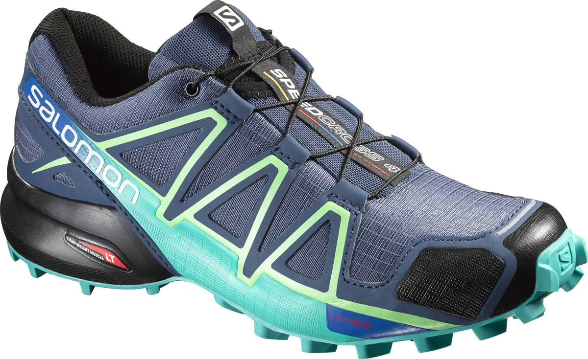 Кроссовки для бега женские Salomon Speedcross 4 W, цвет: синий, зеленый. L38310400. Размер 5 (36,5)L38310400 Кроссовки для бега женские Salomon Speedcross 4 W, цвет: синий, зеленый. L38310400. Размер 5 (36,5)L38310400Беговые женские кроссовки от Salomon Speedcross 4 W выполнены на 64,3% из синтетического материала и на 35,7% из текстиля. Конструкция верха Sensifit с пропиткой Mudguard не пропускает грязь и воду. Подъем оформлен шнуровкой с фиксатором, благодаря которой обувь сидит плотно на ноге, и дополнен кармашком для шнурков. Стелька Ortholite из ЭВА материала с текстильным верхним покрытием создает более прохладное и сухое пространство под стопой. Мягкая верхняя часть и подкладка, изготовленная из текстиля, обеспечивают дополнительный комфорт и предотвращают натирание. Язычок дополнен текстильной нашивкой с символикой бренда. Светоотражающие элементы обеспечат лучшую видимость в темное время суток. Подошва Contagrip не оставляет следов и обеспечивает отличное сцепление со скользкой поверхностью. Такие кроссовки займут достойное место в коллекции вашей спортивной обуви.