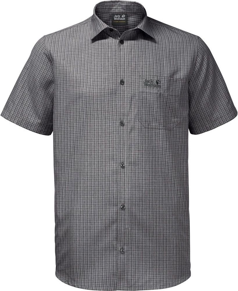 Рубашка мужская Jack Wolfskin El Dorado Shirt M, цвет: серый, черный. 1401052-7851. Размер XL (52)1401052-7851 Рубашка мужская Jack Wolfskin El Dorado Shirt M, цвет: серый, черный. 1401052-7851. Размер XL (52)1401052-7851Рубашка мужская El Dorado Shirt M изготовлена из 100% полиэстера. Ткань позволяет телу дышать, эффективно отводит влагу и быстро сохнет. Модель идеально подходит для летней погоды и поездок в жаркие страны, так как обеспечивает хорошую терморегуляцию. Рубашка застегивается на пуговицы, имеет отложной воротник и короткие стандартные рукава. Спереди расположен накладной нагрудный карман. Рубашка дополнена принтом в клетку и логотипом бренда.