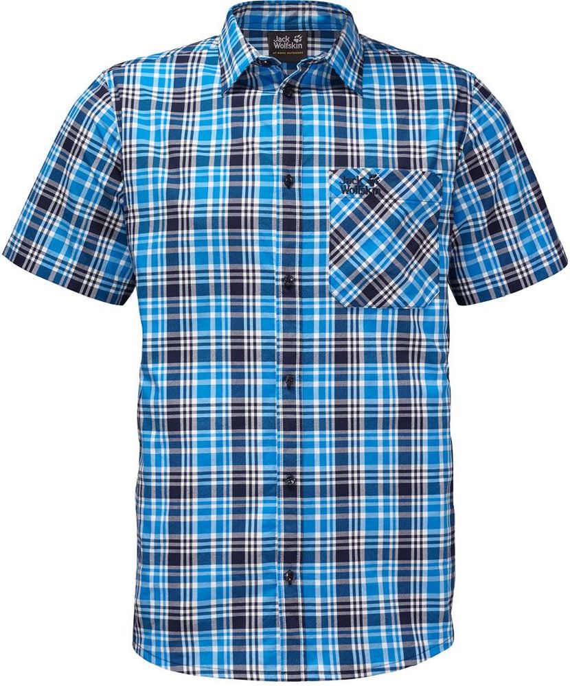 Рубашка мужская Jack Wolfskin Saint Elmos Shirt M, цвет: голубой. 1401582-7630. Размер XXXL (56)1401582-7630 Рубашка мужская Jack Wolfskin Saint Elmos Shirt M, цвет: голубой. 1401582-7630. Размер XXXL (56)1401582-7630Рубашка мужская Saint Elmos Shirt M изготовлена из 100% полиамида. Ткань легкая и дышащая, кроме того, она быстро сохнет и обладает защитой от ультрафиолета (UPF 30+). Рубашка застегивается на пуговицы, имеет отложной воротник и короткие стандартные рукава. Спереди расположен накладной нагрудный карман, по бокам имеются вшитые карманы. Модель дополнена принтом в клетку и логотипом бренда. Такая рубашка идеально подходит для путешествий в жаркие страны и отдыха на природе.