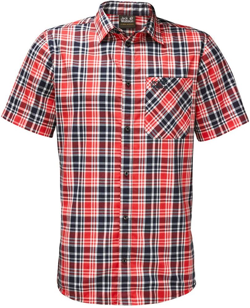 Рубашка мужская Jack Wolfskin Saint Elmos Shirt M, цвет: красный. 1401582-7889. Размер L (48/50)1401582-7889 Рубашка мужская Jack Wolfskin Saint Elmos Shirt M, цвет: красный. 1401582-7889. Размер L (48/50)1401582-7889Рубашка мужская Saint Elmos Shirt M изготовлена из 100% полиамида. Ткань легкая и дышащая, кроме того, она быстро сохнет и обладает защитой от ультрафиолета (UPF 30+). Рубашка застегивается на пуговицы, имеет отложной воротник и короткие стандартные рукава. Спереди расположен накладной нагрудный карман, по бокам имеются вшитые карманы. Модель дополнена принтом в клетку и логотипом бренда. Такая рубашка идеально подходит для путешествий в жаркие страны и отдыха на природе.