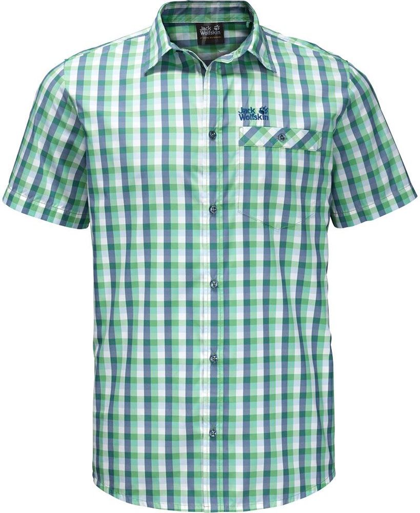 Рубашка мужская Jack Wolfskin Napo River Shirt, цвет: зеленый, синий. 1402301-8730. Размер S (42)1402301-8730 Рубашка мужская Jack Wolfskin Napo River Shirt, цвет: зеленый, синий. 1402301-8730. Размер S (42)1402301-8730Рубашка мужская Napo River Shirt изготовлена из полиэстера и полиамида. Ткань легкая, дышащая и прочная, кроме того, она обладает защитой от ультрафиолета (UPF 50+) и минимизирует образование неприятных запахов даже после нескольких дней активной носки. Рубашка застегивается на пуговицы, имеет отложной воротник и короткие стандартные рукава. Спереди расположен накладной нагрудный карман на пуговице. Модель дополнена принтом в клетку и логотипом бренда. Такая рубашка идеально подходит для путешествий в жаркие страны и отдыха на природе.