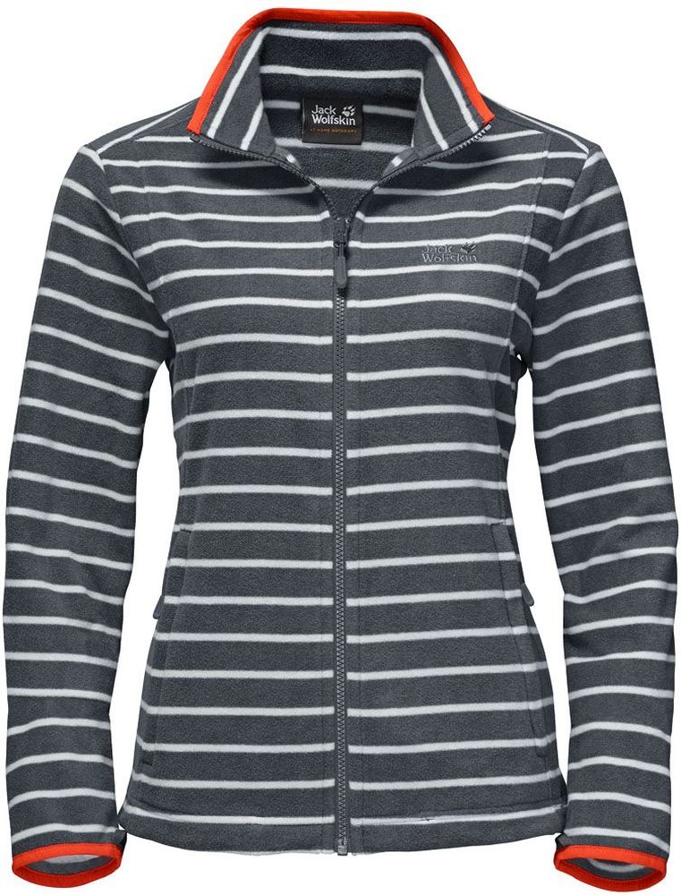 Толстовка женская Jack Wolfskin Kiruna Striped W, цвет: серый, белый. 1704731-9511. Размер XL (50/52)1704731-9511 Толстовка женская Jack Wolfskin Kiruna Striped W, цвет: серый, белый. 1704731-9511. Размер XL (50/52)1704731-9511Толстовка женская Kiruna Striped W изготовлена из микрофлиса (100% полиэстер), который прекрасно сохраняет тепло. Модель застегивается на молнию, имеет воротник-стойку и длинные стандартные рукава. По бокам расположены вшитые карманы на молнии. Толстовка очень компактно складывается и не занимает много места при хранении в вашем рюкзаке. Молния толстовки системная, что позволяет сочетать модель с любым совместимым дождевиком. Изделие дополнено принтом в полоску и логотипом бренда на груди. Такая модель идеально подходит для походов, хайкинга, пешего туризма.