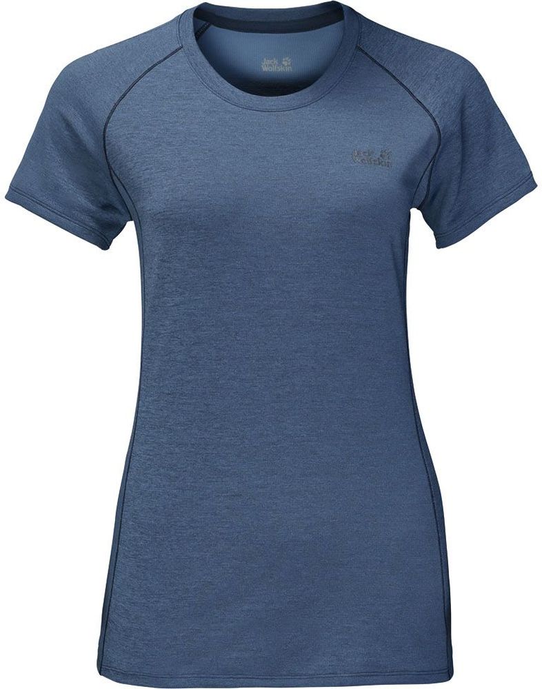 Футболка женская Jack Wolfskin Hydropore Athletic T W, цвет: синий. 1805441-1588. Размер M (46)1805441-1588 Футболка женская Jack Wolfskin Hydropore Athletic T W, цвет: синий. 1805441-1588. Размер M (46)1805441-1588Футболка женская Hydropore Athletic T W изготовлена из 100% полиэстера. Ткань эластичная, прочная и функциональная, с высоким фактором защиты от УФ и технологией сохранения свежести. Модель плотно облегает фигуру, имеет круглый вырез горловины и короткие рукава реглан. Ткань эффективно отводит влагу и быстро сохнет. Специальная обработка уменьшает образование неприятных запахов. Такая футболка идеально подходит для бега, занятий спортом, походов и активного отдыха.