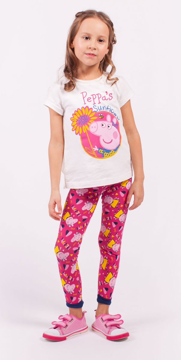 Леггинсы для девочки Free Age Peppa Pig, цвет: розовый, желтый. ZG 19284-F1. Размер 104, 4 годаZG 19284-F1 Леггинсы для девочки Free Age Peppa Pig, цвет: розовый, желтый. ZG 19284-F1. Размер 104, 4 годаZG 19284-F1Леггинсы для девочки Free Age Peppa Pig изготовлены из натурального хлопка с добавлением эластана. Леггинсы в поясе имеют широкую эластичную резинку на поясе и небольшие контрастные манжеты по низу брючин. Изделие оформлено термоаппликацией с изображением мультипликационного героя Свинки Пеппа, а также надписью.