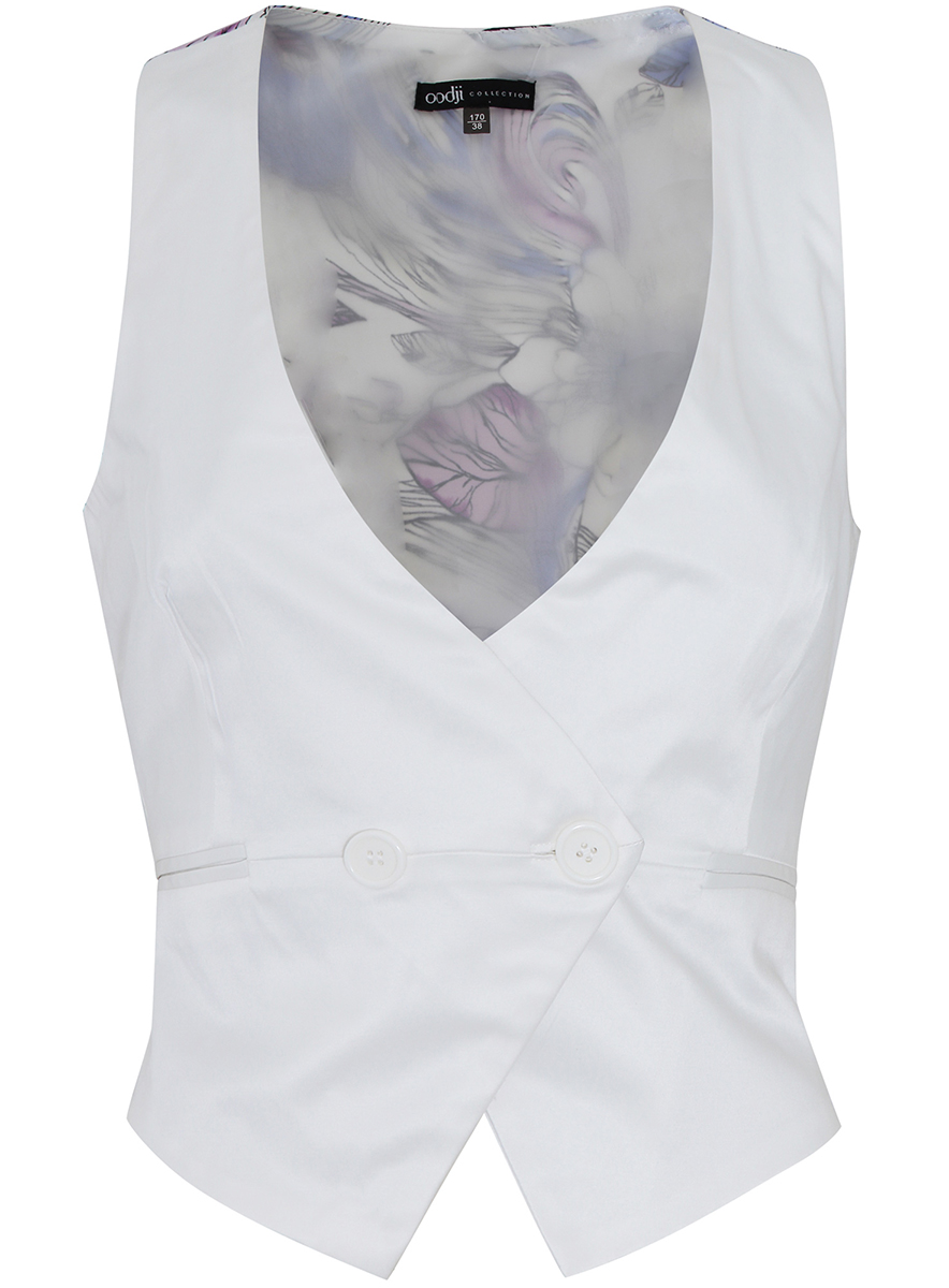 Жилет женский oodji Collection, цвет: слоновая кость. 22301008/18115/3000N. Размер 36-170 (42-170)22301008/18115/3000N Жилет женский oodji Collection, цвет: слоновая кость. 22301008/18115/3000N. Размер 36-170 (42-170)22301008/18115/3000NЛаконичный женский жилет oodji Collection выполнен из качественной костюмной ткани и оформлен на спинке ярким принтом. Укороченная модель приталенного кроя с глубоким V-образным вырезом горловины застегивается на пуговицу и дополнена двумя прорезными карманами. Такой жилет подойдет для офиса, прогулок и дружеских встреч и будет отлично сочетаться с джинсами и брюками, а также гармонично смотреться с юбками. Мягкая ткань на основе полиэстера, хлопка и эластана приятна на ощупь и комфортна в носке.