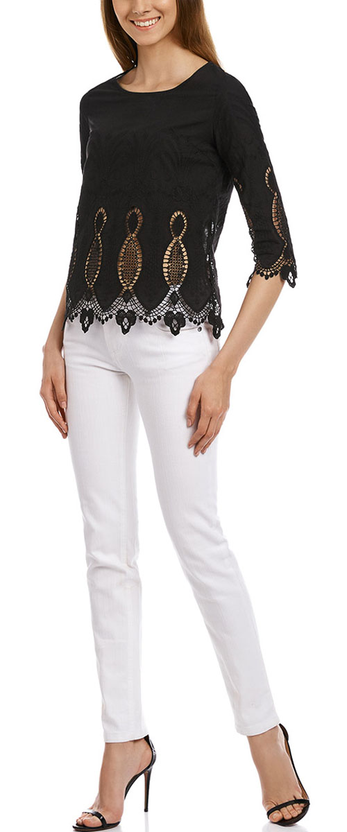 Блузка женская oodji Collection, цвет: черный. 21401402M/45831/2900N. Размер 40-170 (46-170)21401402M/45831/2900N Блузка женская oodji Collection, цвет: черный. 21401402M/45831/2900N. Размер 40-170 (46-170)21401402M/45831/2900NЖенская блузка oodji Collection выполнена из натурального хлопка. Модель с круглым вырезом горловины и рукавами 3/4 сзади застегивается на пуговицу.