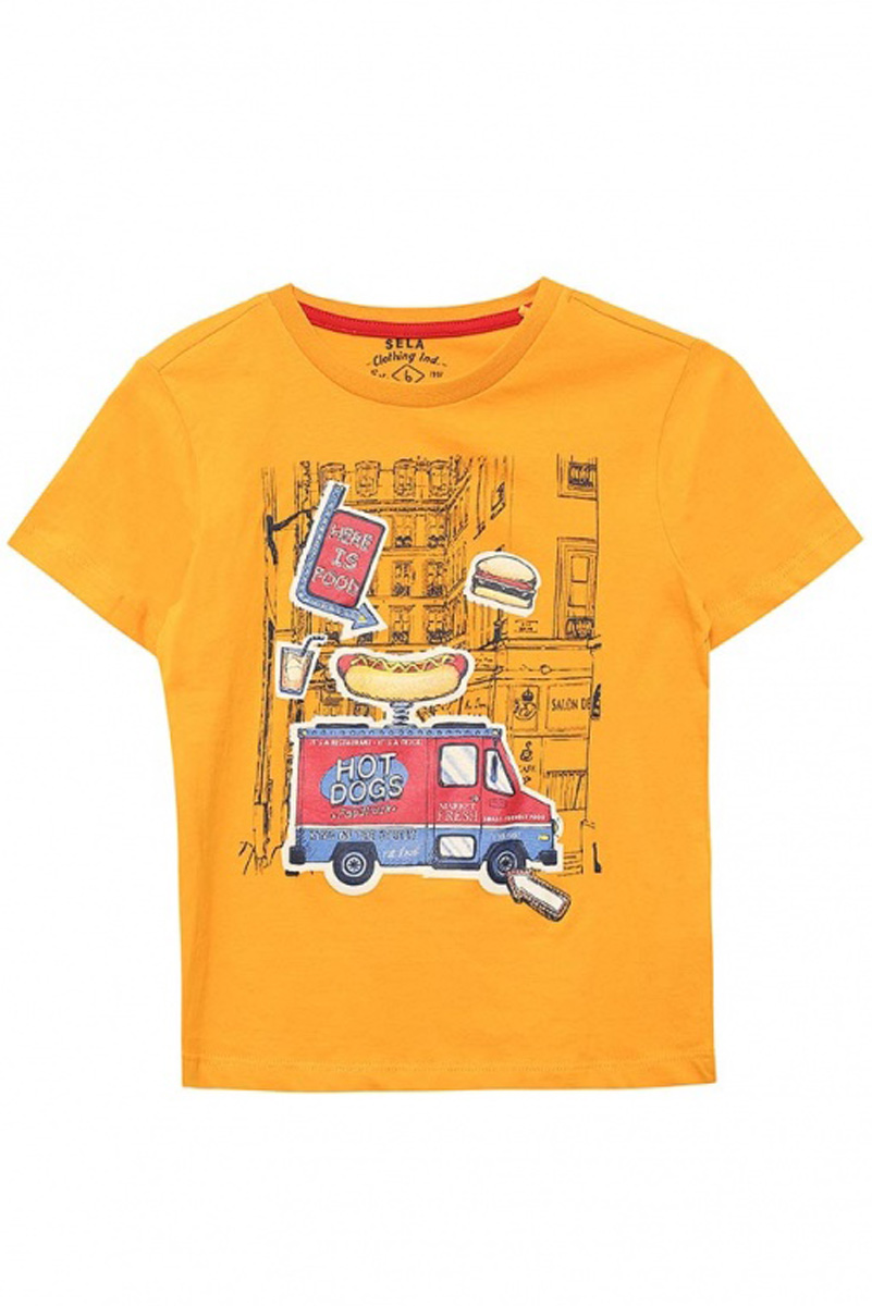 Футболка для мальчика Sela, цвет: ярко-желтый. Ts-711/510-7111. Размер 92, 2 годаTs-711/510-7111 Футболка для мальчика Sela, цвет: ярко-желтый. Ts-711/510-7111. Размер 92, 2 годаTs-711/510-7111Стильная футболка для мальчика Sela изготовлена из натурального хлопка и оформлена оригинальным принтом. Воротник дополнен мягкой трикотажной резинкой.Яркий цвет модели позволяет создавать модные образы.