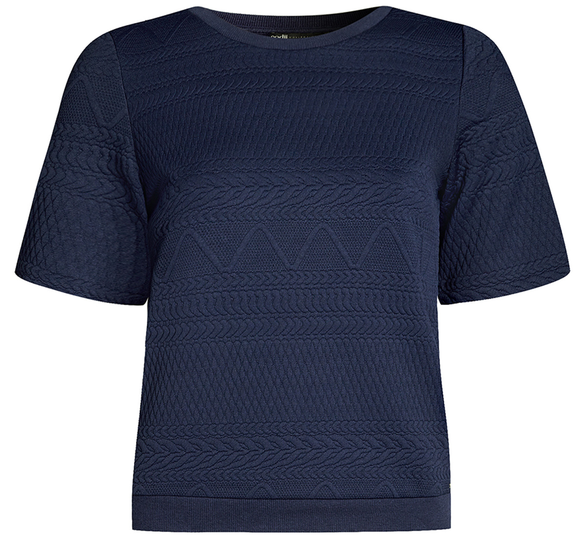 Джемпер женский oodji Collection, цвет: темно-синий. 24801010-7/45284/7900N. Размер XS (42)24801010-7/45284/7900N Джемпер женский oodji Collection, цвет: темно-синий. 24801010-7/45284/7900N. Размер XS (42)24801010-7/45284/7900NЖенский джемпер от oodji выполнен из фактурной ткани Модель с коротким рукавом и круглым вырезом горловины.