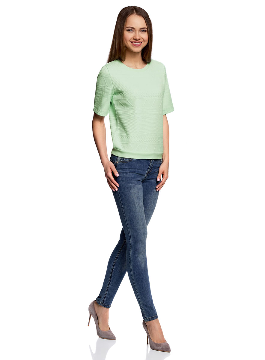 Джемпер женский oodji Collection, цвет: ментоловый. 24801010-7/45284/6500N. Размер XS (42)24801010-7/45284/6500N Джемпер женский oodji Collection, цвет: ментоловый. 24801010-7/45284/6500N. Размер XS (42)24801010-7/45284/6500NЖенский джемпер от oodji выполнен из фактурной ткани Модель с коротким рукавом и круглым вырезом горловины.