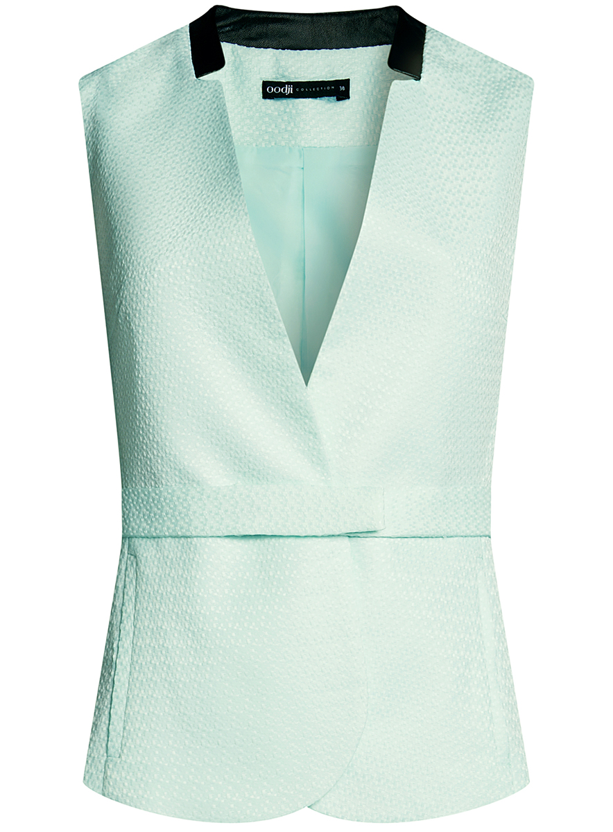 Жилет женский oodji Collection, цвет: светло-зеленый. 22301020-8/45367/6000N. Размер 42-170 (48-170)22301020-8/45367/6000N Жилет женский oodji Collection, цвет: светло-зеленый. 22301020-8/45367/6000N. Размер 42-170 (48-170)22301020-8/45367/6000NЛаконичный женский жилет oodji Collection выполнен из качественного фактурного полотна и дополнен двумя прорезными карманами. Модель приталенного кроя с V-образным вырезом горловины и небольшим воротничком из искусственной кожи застегивается на пуговицу спереди и дополнена несъемным поясом на кнопках. Такой жилет подойдет для офиса, прогулок и дружеских встреч и будет отлично сочетаться с джинсами и брюками, а также гармонично смотреться с юбками. Мягкая ткань на основе полиэстера приятна на ощупь и комфортна в носке.
