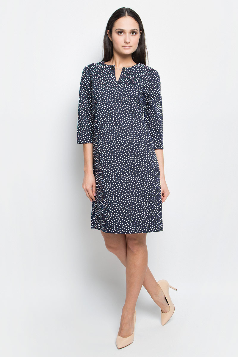 Платье Baon, цвет: темно-синий, белый. B457023. Размер L (48)B457023_Dark Navy Printed Платье Baon, цвет: темно-синий, белый. B457023. Размер L (48)B457023_Dark Navy PrintedСтильное платье Baon выполнено из хлопка с добавлением эластана. Модель с круглым вырезом горловины и рукавами 3/4 сзади застегивается на молнию. Изделие оформлено принтом в горох.