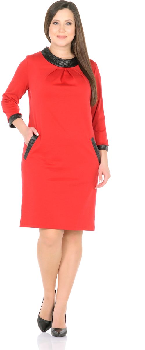Платье Rosa Blanco, цвет: красный, черный. 33148-36-К1. Размер 5833148-36-К1 Платье Rosa Blanco, цвет: красный, черный. 33148-36-К1. Размер 5833148-36-К1Модное платье Rosa Blanco станет отличным дополнением к вашему гардеробу. Модель изготовлена из сочетания качественных материалов. Платье-миди свободного силуэта выполнено с оригинальным воротником-стойка и короткими рукавами 3/4. Модель не имеет застежек. Платье приобретает особый шарм благодаря широкой контрастной отделке из искусственной кожи по краям рукавов, карманов и высокого воротника.