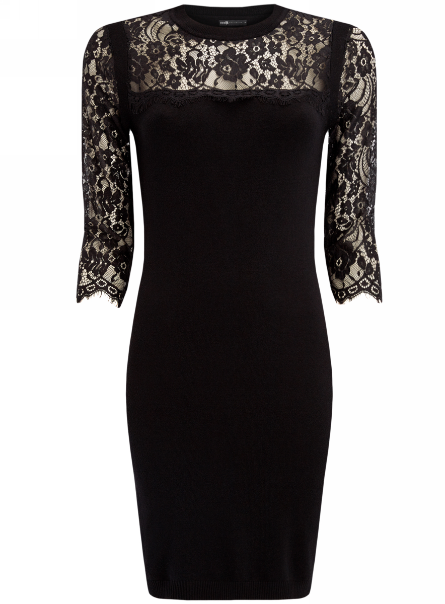 Платье oodji Collection, цвет: черный. 73912206-1/40022/2900N. Размер L (48-170)73912206-1/40022/2900N Платье oodji Collection, цвет: черный. 73912206-1/40022/2900N. Размер L (48-170)73912206-1/40022/2900NКомбинированное платье oodji Collection - стильный вариант не только для офиса, но и для любого мероприятия. Облегающее платье, выгодно подчеркивающее достоинства фигуры, выполнено из мягкоготрикотажа с кружевными рукавами.