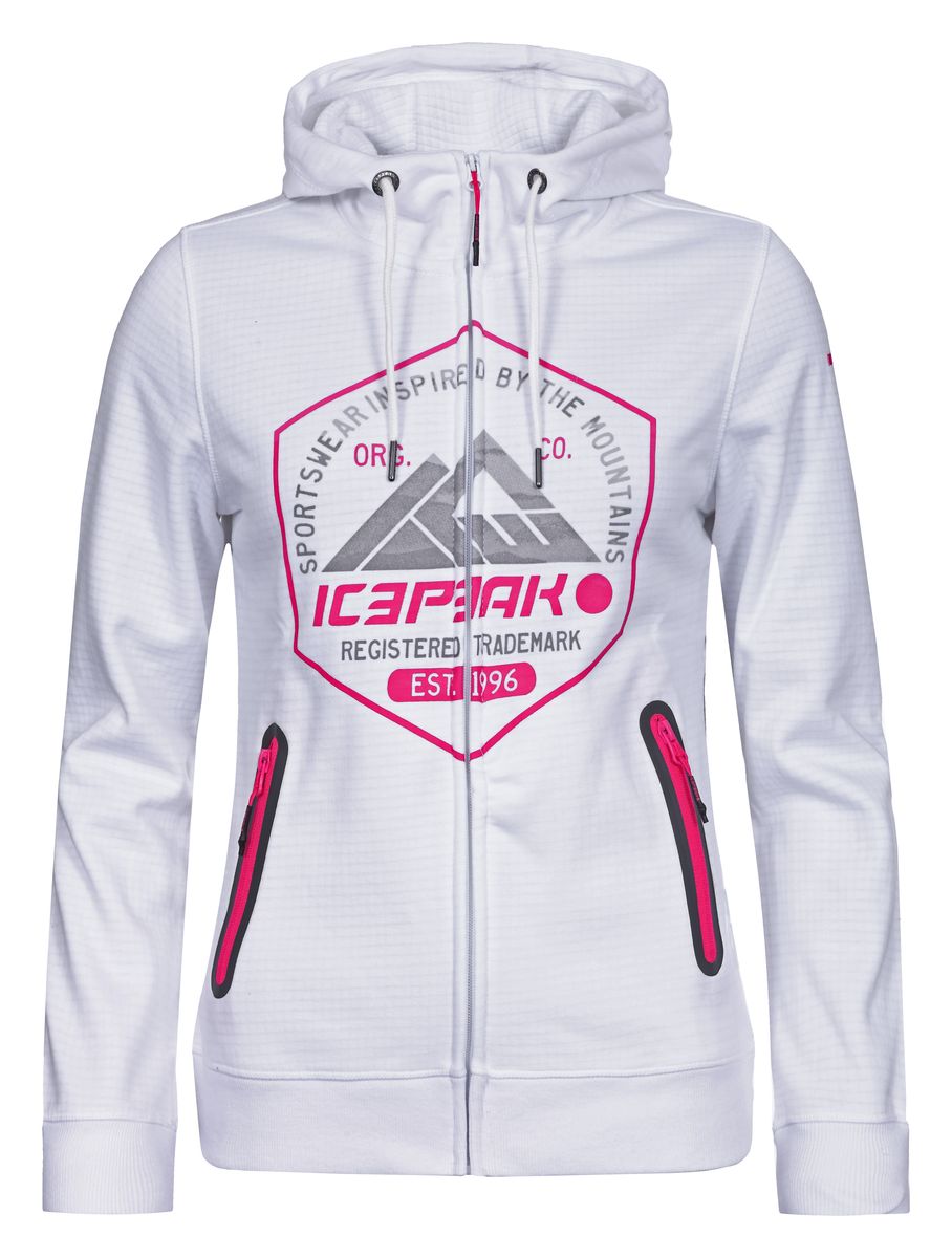 Толстовка женская Icepeak Evelyn, цвет: белый. 754801510IV. Размер 38 (44)754801510IV Толстовка женская Icepeak Evelyn, цвет: белый. 754801510IV. Размер 38 (44)754801510IVТрикотажная толстовка Evelyn от Icepeak выполнена из мягкого материала с плотностью 300гр/м2. Модель с длинными рукавами и капюшоном застегивается на молнию, имеются два боковых кармана на молниях.