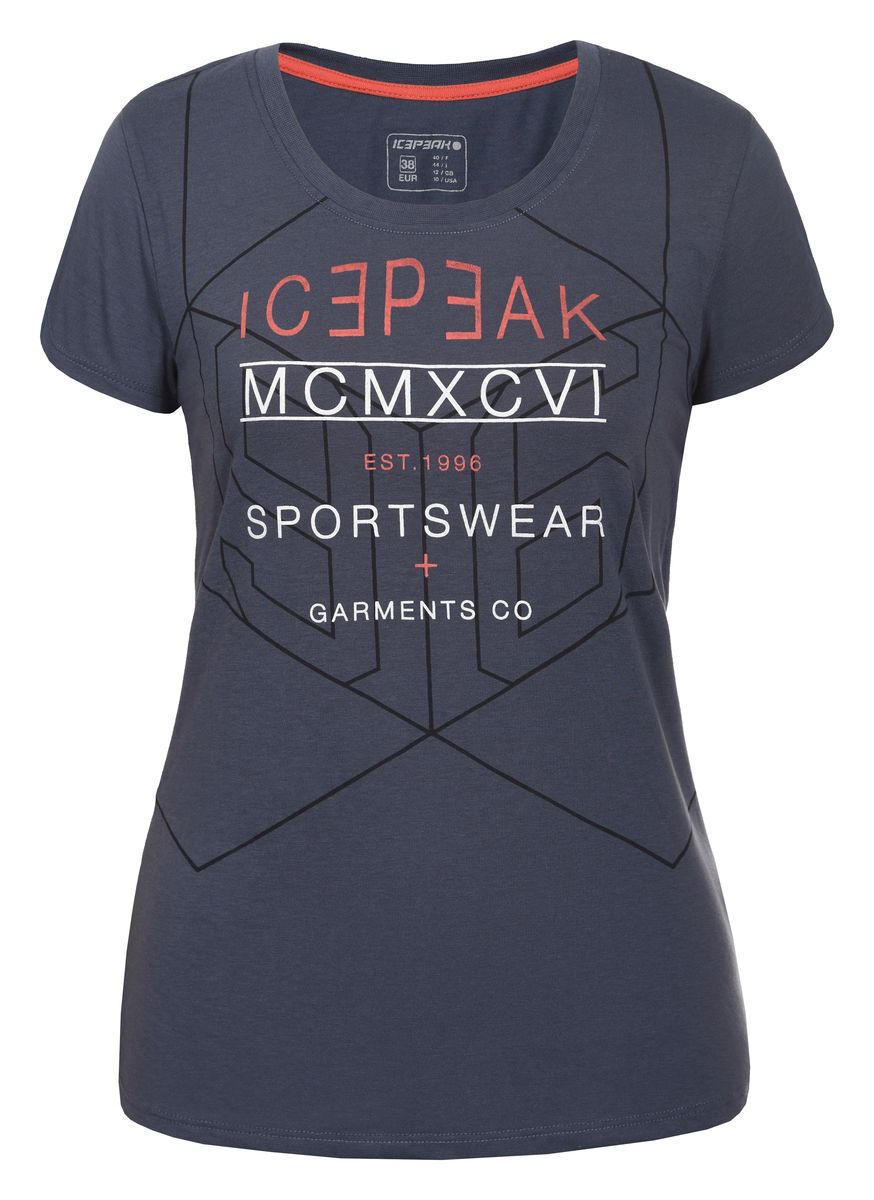 Футболка женская Icepeak Evie, цвет: темно-синий. 754702689IV. Размер 38 (44)754702689IV Футболка женская Icepeak Evie, цвет: темно-синий. 754702689IV. Размер 38 (44)754702689IVЖенская футболка Evie от Icepeak выполнена из мягкого и технологичного материала. Модель с короткими рукавами и круглым вырезом горловины спереди оформлена принтом.