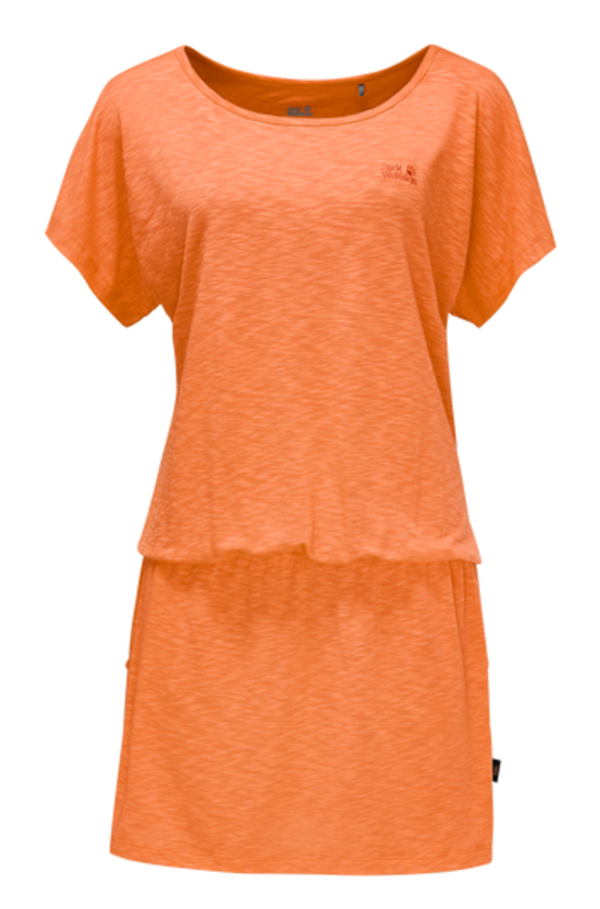 Платье Jack Wolfskin Travel Dress, цвет: оранжевый. 1504051-3441. Размер S (44)1504051-3441 Платье Jack Wolfskin Travel Dress, цвет: оранжевый. 1504051-3441. Размер S (44)1504051-3441Платье Travel Dress изготовлено из полиэстера с добавлением эластана. Ткань мягкая, легкая, приятная на ощупь и дышащая. Если вы вдруг попадете под дождь, ткань высохнет практически мгновенно, кроме того, специальная обработка позволяет уменьшить образование неприятных запахов. Модель имеет свободный крой, круглый вырез горловины и цельнокроеный рукав. На талии предусмотрена резинка, а сбоку расположены вшитые карманы. Модель выполнена в однотонном дизайне.