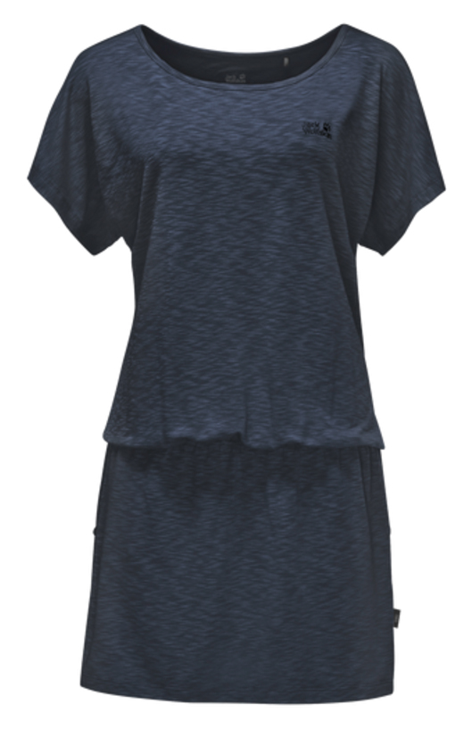 Платье Jack Wolfskin Travel Dress, цвет: темно-синий. 1504051-1910. Размер L (48)1504051-1910 Платье Jack Wolfskin Travel Dress, цвет: темно-синий. 1504051-1910. Размер L (48)1504051-1910Платье Travel Dress изготовлено из полиэстера с добавлением эластана. Ткань мягкая, легкая, приятная на ощупь и дышащая. Если вы вдруг попадете под дождь, ткань высохнет практически мгновенно, кроме того, специальная обработка позволяет уменьшить образование неприятных запахов. Модель имеет свободный крой, круглый вырез горловины и цельнокроеный рукав. На талии предусмотрена резинка, а сбоку расположены вшитые карманы. Модель выполнена в однотонном дизайне.