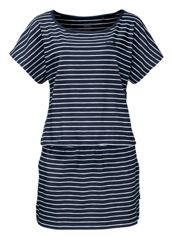 Платье Jack Wolfskin Travel Striped Dress, цвет: темно-синий, белый. 1504061-7819. Размер XL (50/52)1504061-7819 Платье Jack Wolfskin Travel Striped Dress, цвет: темно-синий, белый. 1504061-7819. Размер XL (50/52)1504061-7819Платье Travel Striped Dress изготовлено из полиэстера с добавлением эластана. Ткань мягкая, легкая, приятная на ощупь и дышащая. Если вы вдруг попадете под дождь, ткань высохнет практически мгновенно, кроме того, специальная обработка позволяет уменьшить образование неприятных запахов. Модель имеет свободный крой, круглый вырез горловины и цельнокроеный рукав. На талии предусмотрена резинка, а сбоку расположены вшитые карманы. Модель дополнена принтом в полоску. Такое платье идеально подходит для путешествий в жаркие страны и повседневной носки в летний сезон.