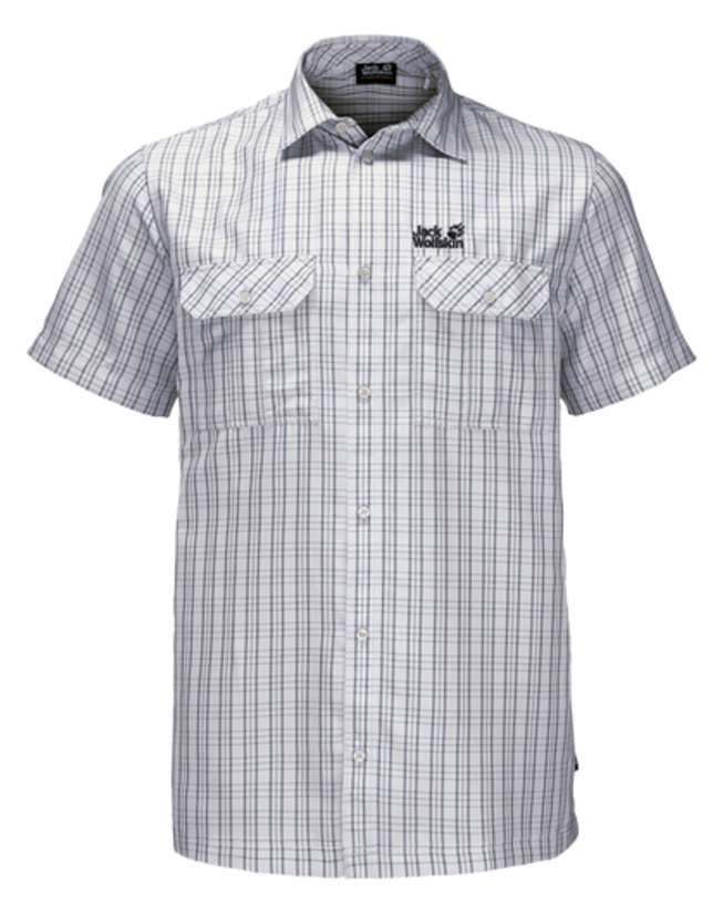 Рубашка мужская Jack Wolfskin Thompson Shirt M, цвет: светло-серый. 1401042-7508. Размер XXL (54)1401042-7508 Рубашка мужская Jack Wolfskin Thompson Shirt M, цвет: светло-серый. 1401042-7508. Размер XXL (54)1401042-7508Рубашка мужская Thompson Shirt M выполнена из 100% полиэстера. Ткань позволяет телу дышать и быстро сохнет. Модель идеально подходит для жаркой летней погоды и поездок в жаркие страны, так как обеспечивает хорошую терморегуляцию. Рубашка застегивается на пуговицы, имеет отложной воротник и короткие стандартные рукава. Спереди расположены два накладных кармана на пуговицах, чтобы важные вещи всегда были под рукой. Модель дополнена принтом в клетку и логотипом бренда.
