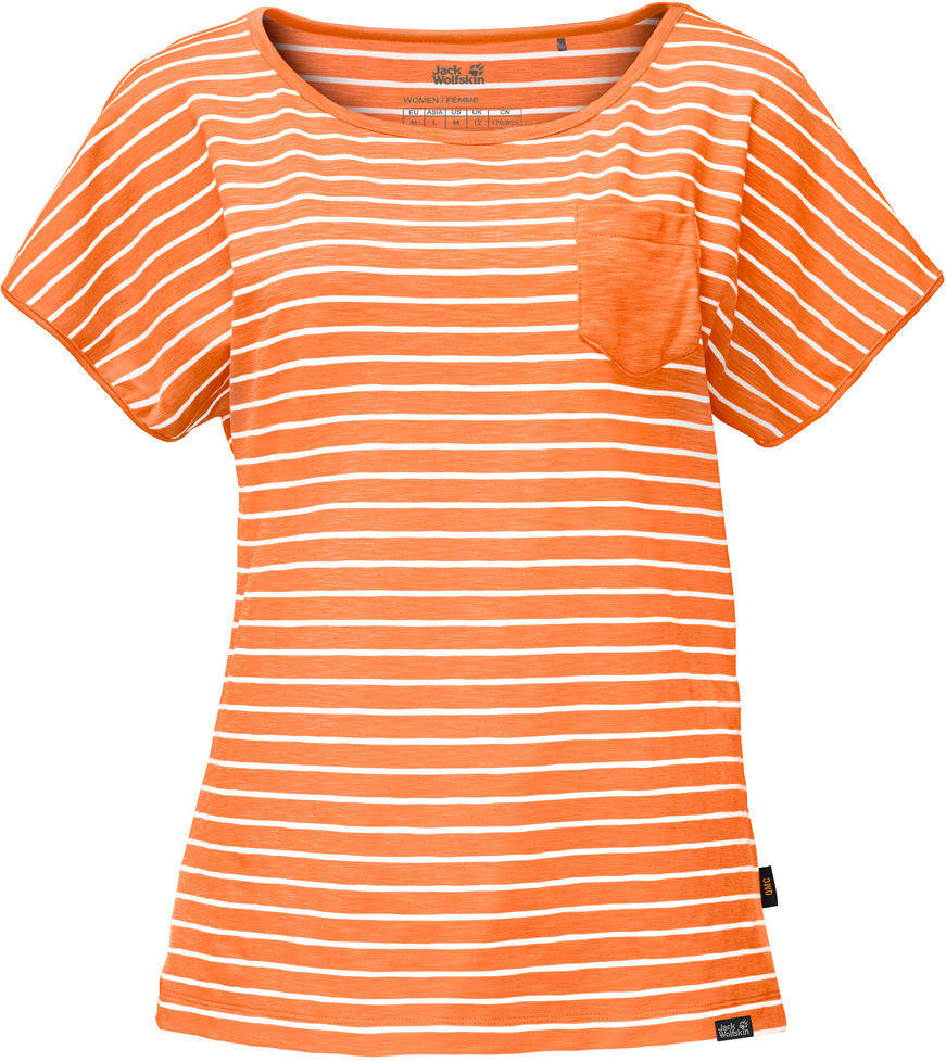 Футболка женская Jack Wolfskin Travel Striped T W, цвет: оранжевый, белый. 1805691-9615. Размер XXL (56)1805691-9615 Футболка женская Jack Wolfskin Travel Striped T W, цвет: оранжевый, белый. 1805691-9615. Размер XXL (56)1805691-9615Женская футболка Travel Striped T W выполнена из полиэстера с добавлением эластана. Ткань быстро сохнет и уменьшает образование неприятных запахов. Модель имеет круглый вырез горловины и цельнокроеные короткие рукава. Футболка дополнена принтом в полоску и нагрудным накладным кармашком.